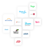 Cluster of logos of vendors who Zest integrate with including Sage, Bupa, Workday, SDWorx, The People's Pension, HiBob, iTrent, Legal and General, UNUM and ADP